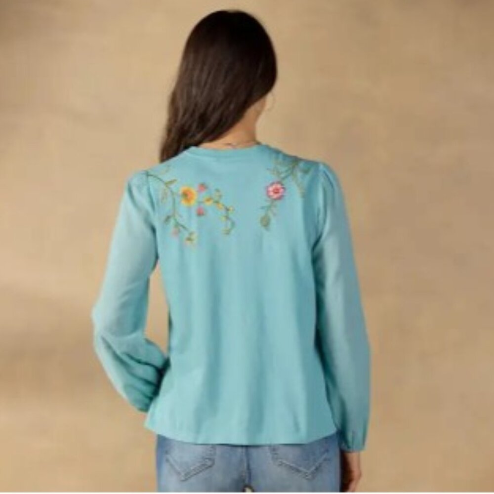Johnny Was Sopia Mixed Media Top in Dusty Turquoise – Size Small – NWT - Picture 2 of 6
